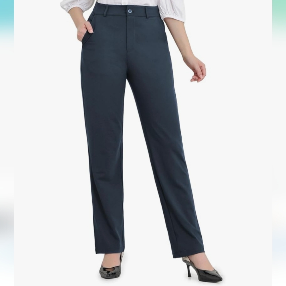 High-waisted Straight-legged Tummy-control Dress Pants For Women Size 2-4P Blue